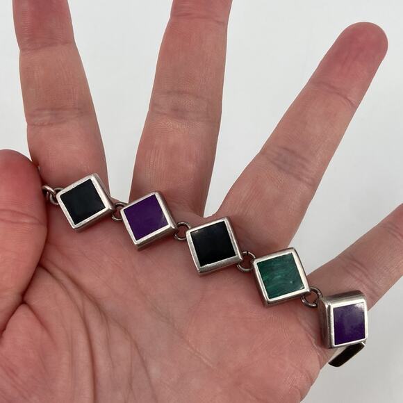 Vintage 925 square cabochon stone bracelet - Picture 6 of 6